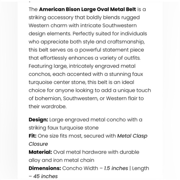 American Bison Western Chain Belt,oval silver tone conchos,faux turquoise stones - Picture 10 of 12